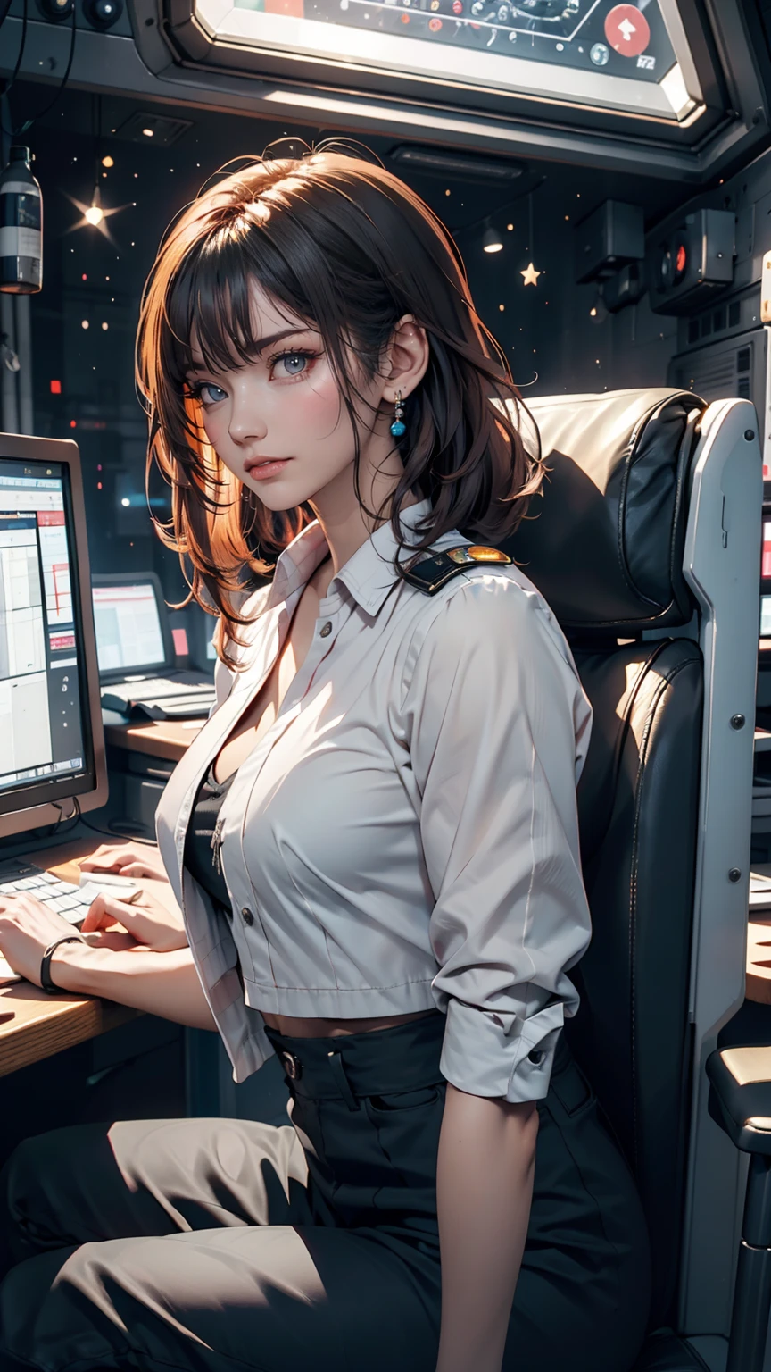 Absurd resolution, high resolution, (masterpiece: 1.4), hyper-detail, ung woman, short red hair, pilot suit, rich princess, sitting in an extremely narrow and closed mecha control room looking out the window, the window is the space universe can see the blue planet (1.5), the expression is excited, the mecha control room is in the universe