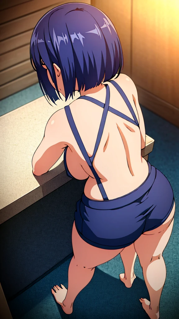 a beautiful detailed girl with short blue hair, purple eyes, hands on her attractive thighs, wearing a bikini, milk on her body and in her ass, (full body), best quality, 4k, 8k, highres, masterpiece:1.2, ultra-detailed, realistic, photorealistic, photo-realistic:1.37, HDR, UHD, studio lighting, ultra-fine painting, sharp focus, physically-based rendering, extreme detail description, professional, vivid colors, bokeh, portraits, lowering the panties, back view