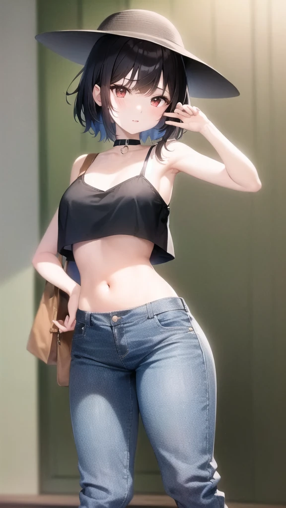 araffe wearing a green shirt and jeans and a hat, baggy jeans, wearing a cropped tops, outfit : jeans and white vest, wearing : tanktop, wearing a cropped top, wearing a sexy cropped top, casual summer clothes, wearing a cropped black tank top, skinny waist and thick hips, bright summer day, thin waist, jackie tsai style、低身長、笑顔、小さい胸、