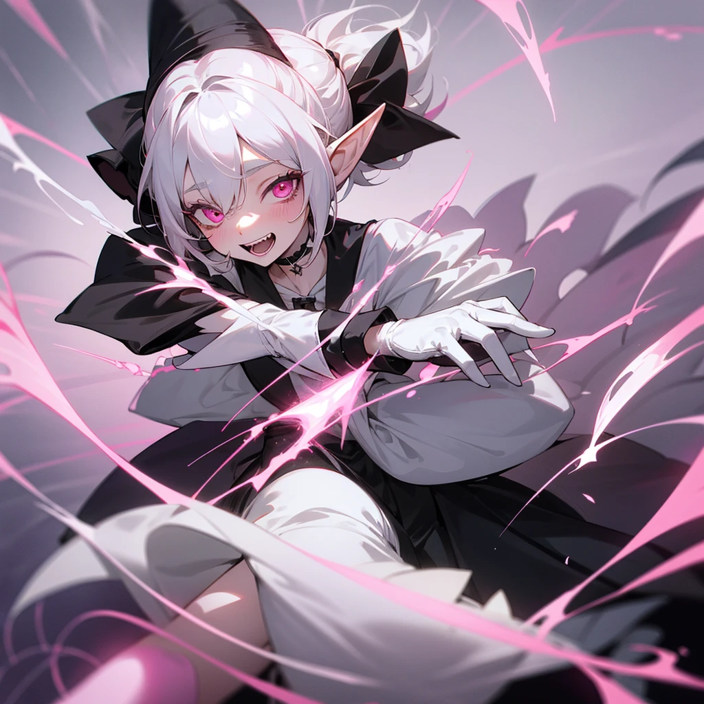 elf, silver hair, female, a girl, , female , glad, laughing, short hair, ponytail, covering one eye, pink eyes, pale skin, tiny, slim, wizard hat, choker, Tuxedo, White gloves, ribbon, skirt, Gothic ta, magic effect, pink loads,