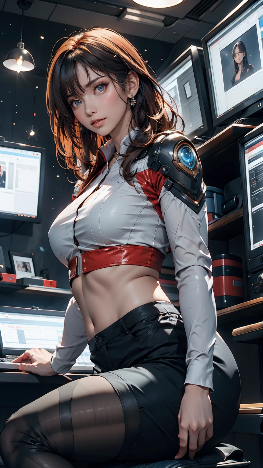 Absurd resolution, high resolution, (masterpiece: 1.4), hyper-detail, 1 young woman, short red hair, pilot suit, rich princess, sitting in an extremely narrow and closed mecha control room looking out the window, the window is the space universe can see the blue planet (1.5), the expression is excited, the mecha control room is in the universe