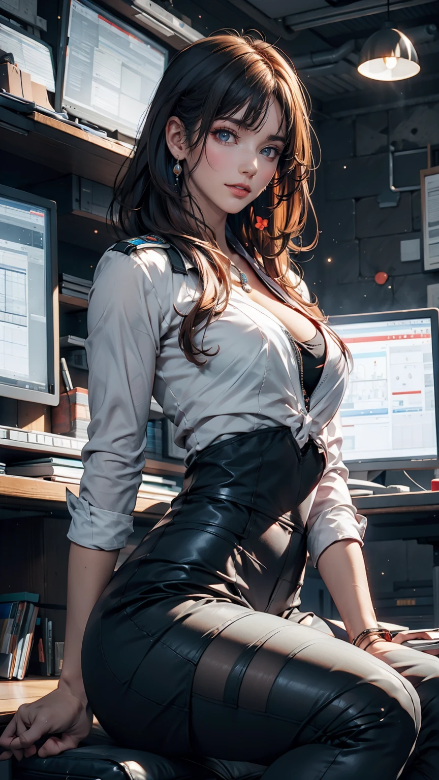 Absurd resolution, high resolution, (masterpiece: 1.4), hyper-detail, 1 young woman, short red hair, pilot suit, rich princess, sitting in an extremely narrow and closed mecha control room looking out the window, the window is the space universe can see the blue planet (1.5), the expression is excited, the mecha control room is in the universe