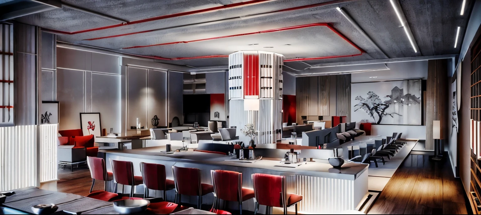 High quality images, modern, luxurious Japanese style restaurant, inspired by Mount Fuji. The ceiling is painted white and gray, the walls need beautiful decoration, add some stainless steel accents and red paint, the floor is an artistic gray color. The general color is white and gray with a little decorative wood on the wall