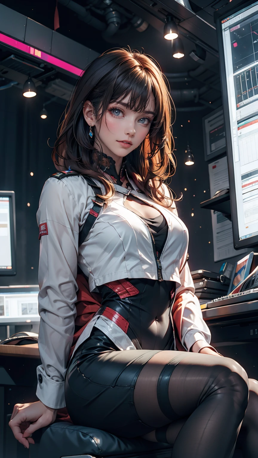 Absurd resolution, high resolution, (masterpiece: 1.4), hyper-detail, 1 young woman, short red hair, pilot suit, rich princess, sitting in an extremely narrow and closed mecha control room looking out the window, the window is the space universe can see the blue planet (1.5), the expression is excited, the mecha control room is in the universe
