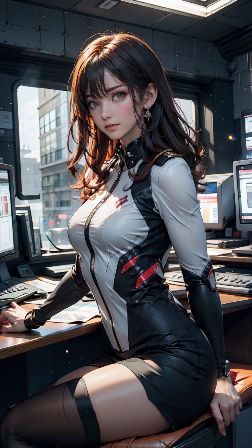 Absurd resolution, high resolution, (masterpiece: 1.4), hyper-detail, 1 young woman, short red hair, pilot suit, rich princess, sitting in an extremely narrow and closed mecha control room looking out the window, the window is the space universe can see the blue planet (1.5), the expression is excited, the mecha control room is in the universe