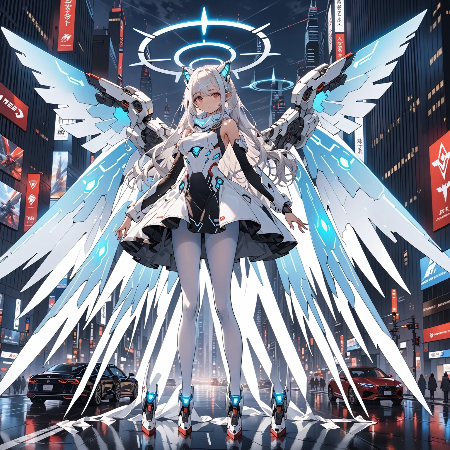 masterpiece, highest quality, highest resolution, clear_image, detailed details, white hair, long hair, 1 girl, car ears, red eyes, futuristic wings, futuristic halo, white sci fi mecha dress, white scarf (around the neck withn a light blue glow), white pantyhose, full body, no water marks, city, no extra limps, no extra body, no extra legs, no extra arms, no extra heads