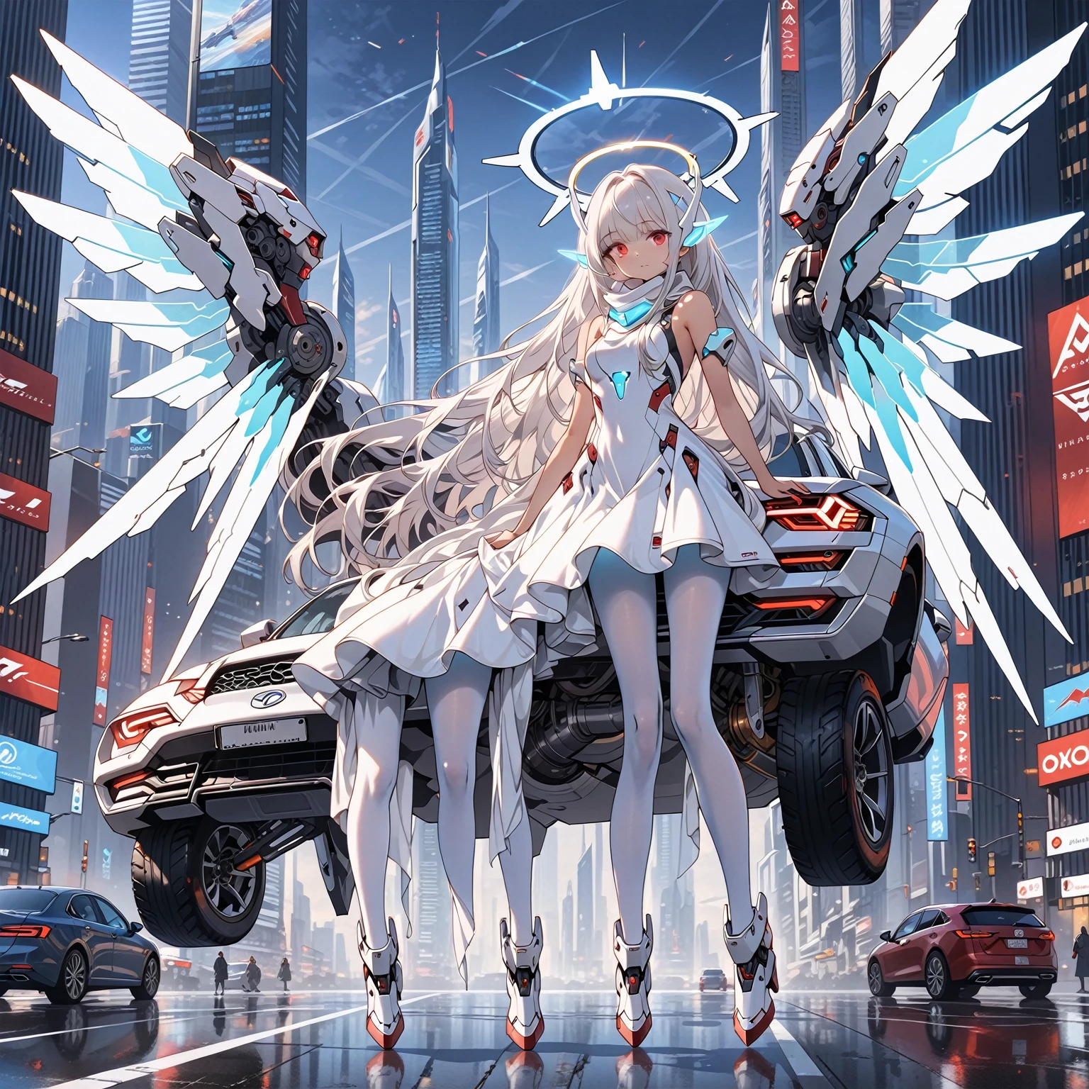 masterpiece, highest quality, highest resolution, clear_image, detailed details, white hair, long hair, 1 girl, car ears, red eyes, futuristic wings, futuristic halo, white sci fi mecha dress, white scarf (around the neck withn a light blue glow), white pantyhose, full body, no water marks, city, no extra limps, no extra body, no extra legs, no extra arms, no extra heads