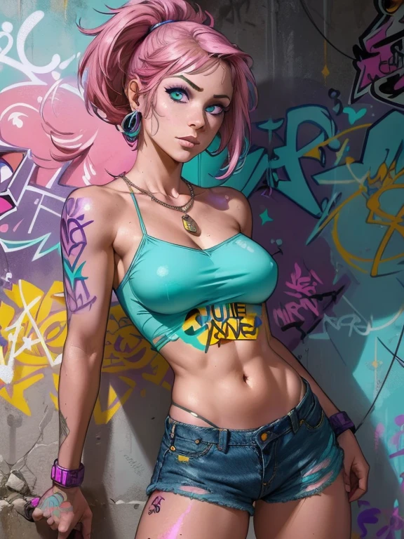 masterpiece, best quality, 1 Girl, Solitary, (Top of crop violet+púrpura :1.4) , (Denim shorts pink+yellow :1.4) , Necklace, (Graffiti:1.4 ), Paint splatter, Put your hands behind your back, Against the wall, Looking at the audience, armband, Thigh straps, Body paint, Head tilt, boring, Colorful hair, (Aqua eyes:1.4) , earphone,(face detailed :1.4), (colores brillantes cyberpunk) 