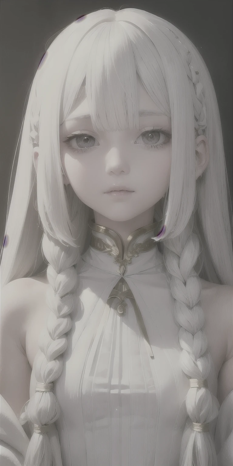 best quality, masterpiece,white hair, gold eyes,white clothes, looking up, upper body,hair strand,Fair skin,side braids