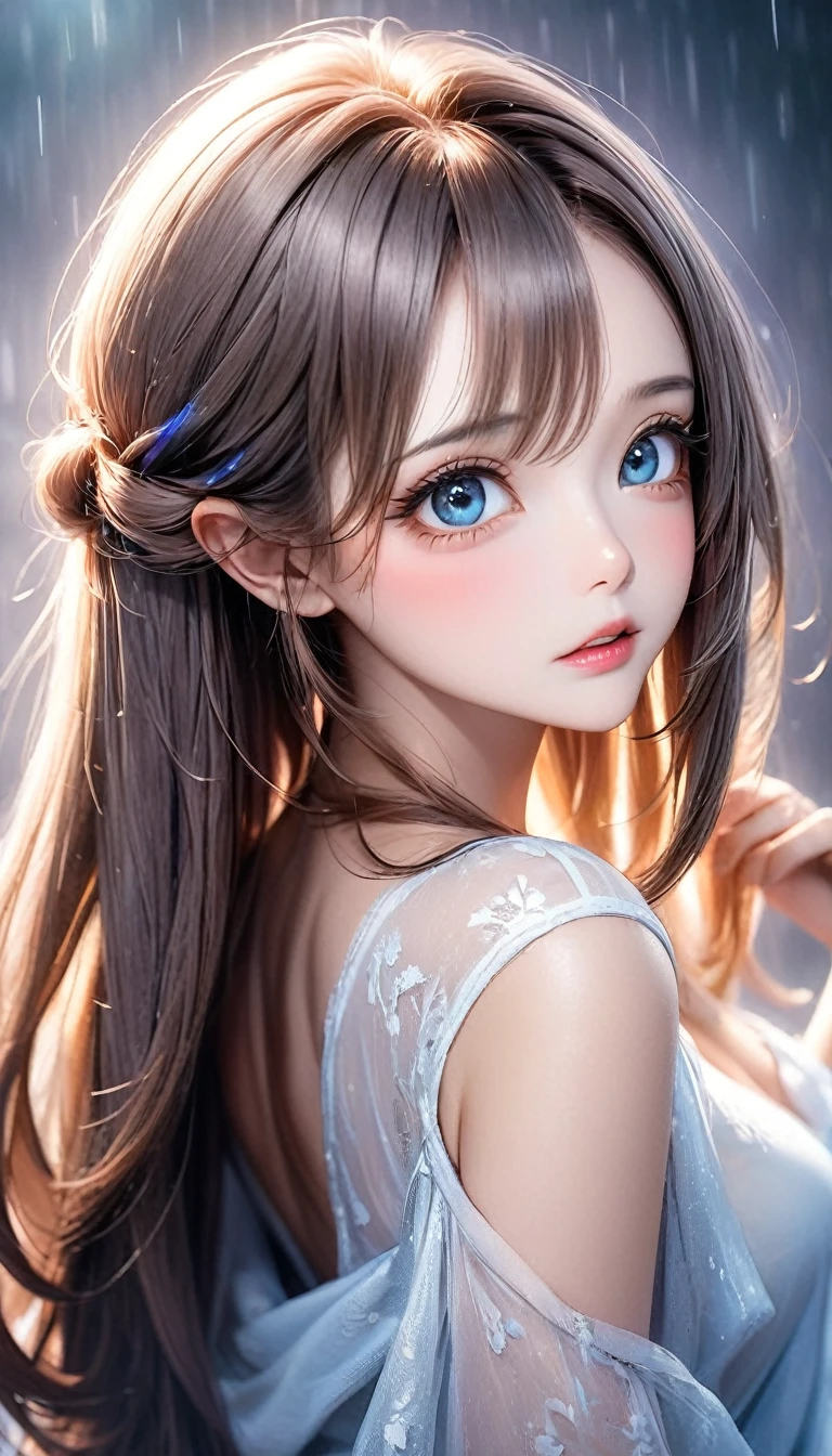beautiful woman turns around, brushing her hair back, glossy smooth hair, shiny big eyes, sighing lips, make-up, attractive and seductive expression, great Proportions, 2.5D, delicate and dynamic, foggy filter effect, beautiful effects, Cute Girl