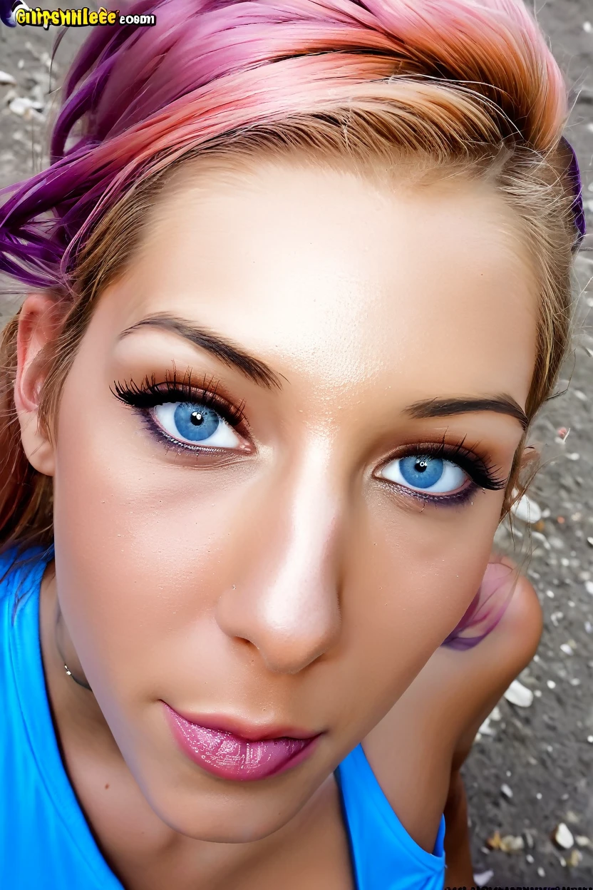 Chica hermosa de pelo rosa con ojos de color azul con pecho enorme sin sostén al aire libre 