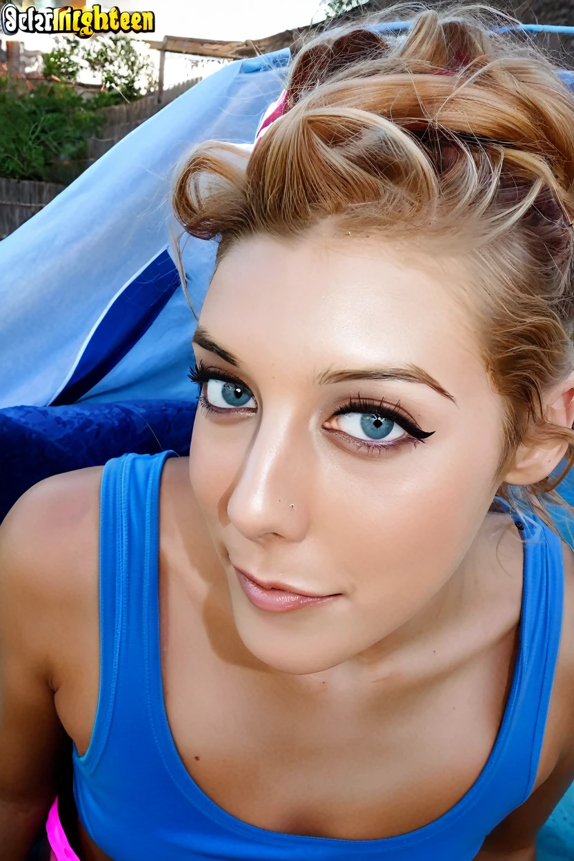 Chica hermosa de pelo rosa con ojos de color azul con pecho enorme sin sostén al aire libre 