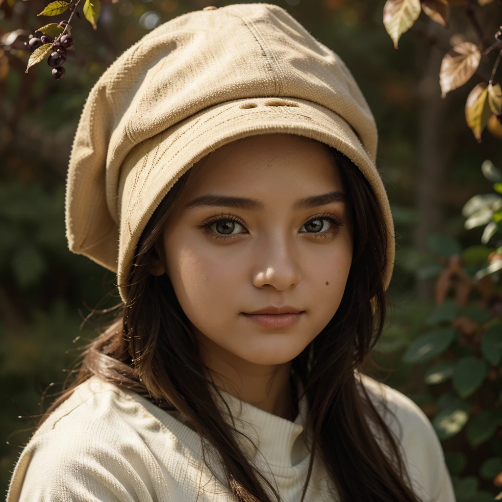  [High quality] [masterpiece] [mind blowing]  wallpaper a girl in frok wearing a cap and autumn season high detail face small eyes small nose 8k