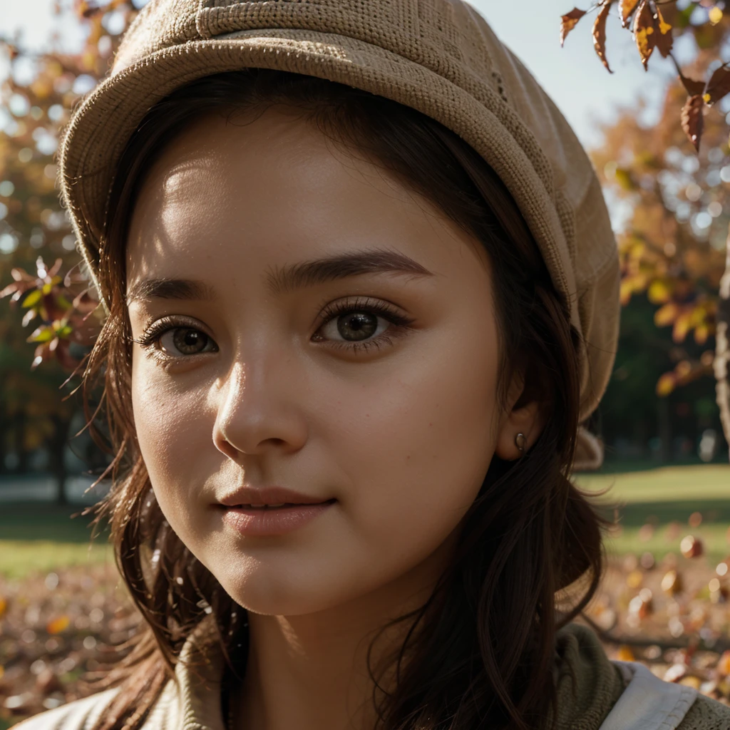  [High quality] [masterpiece] [mind blowing]  wallpaper a girl in frok wearing a cap and autumn season high detail face small eyes small nose 8k