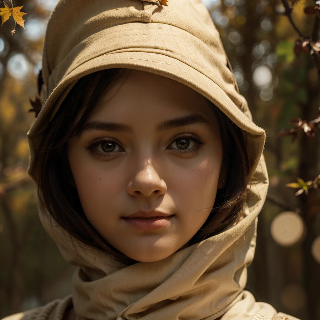  [High quality] [masterpiece] [mind blowing]  wallpaper a girl in frok wearing a cap and autumn season high detail face small eyes small nose 8k