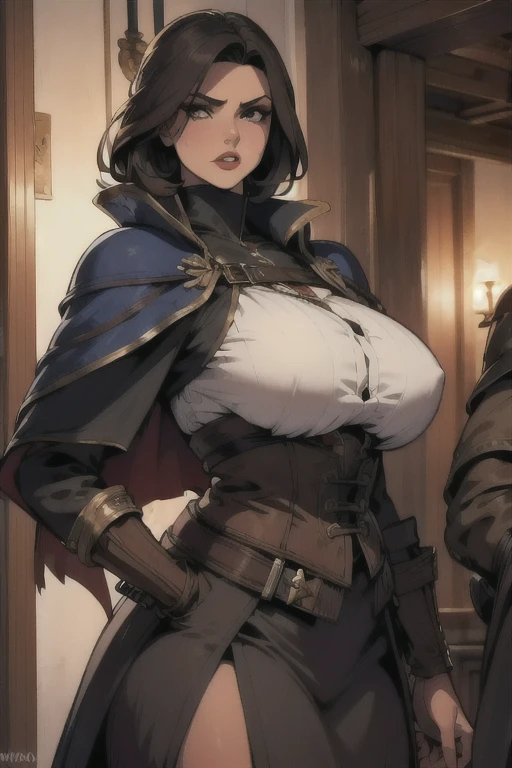 La mujer, edgBB, guantes negros, cinturón, abrigo, ropa desgarrada, capelet, guanteletes,brazos a los costados, avambrazos, capa negra, tricorn, cazador (transmitido por la sangre), mujer vistiendo edgBB_atuendo, muy detallado, Realistic long-term photography., 4k, pelo largo, brown hair, By the chestnut, labios rojos,sexy,red lips, brown eyes, big breasts, pechos grandes, Lucia Auditore