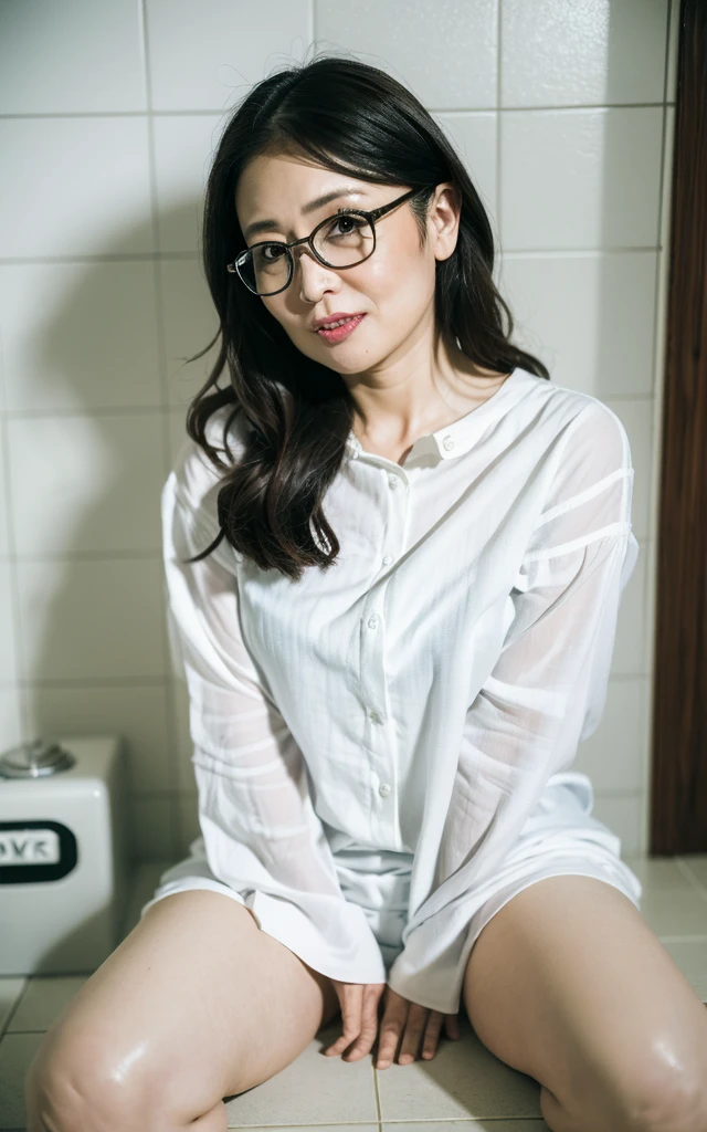 ((Best Quality, 8k, Masterpiece: 1.3)), Photorealistic, Sharp Focus, High Quality, High Definition, ((look down)), Portrait, Solo, Japanese Milf, Beauty, glasses, ((Open legs Wide)), 40 years old, Plump, Wavy hair, Wetty White Shirt, Wrinkles at the corners of the eyes, Toilet, Plumbing, Tile, (open mouth:1.1),