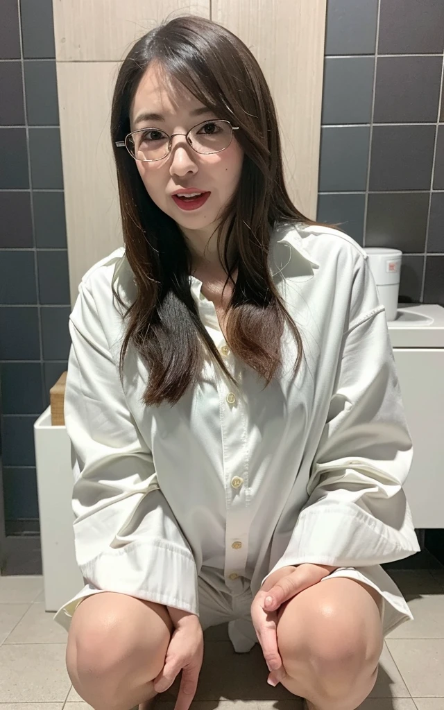 ((Best Quality, 8k, Masterpiece: 1.3)), Photorealistic, Sharp Focus, High Quality, High Definition, ((look down)), Portrait, Solo, Japanese Milf, Beauty, glasses, ((Open legs Wide)), 40 years old, Plump, Wavy hair, Wetty White Shirt, Wrinkles at the corners of the eyes, Toilet, Plumbing, Tile, (open mouth:1.1),