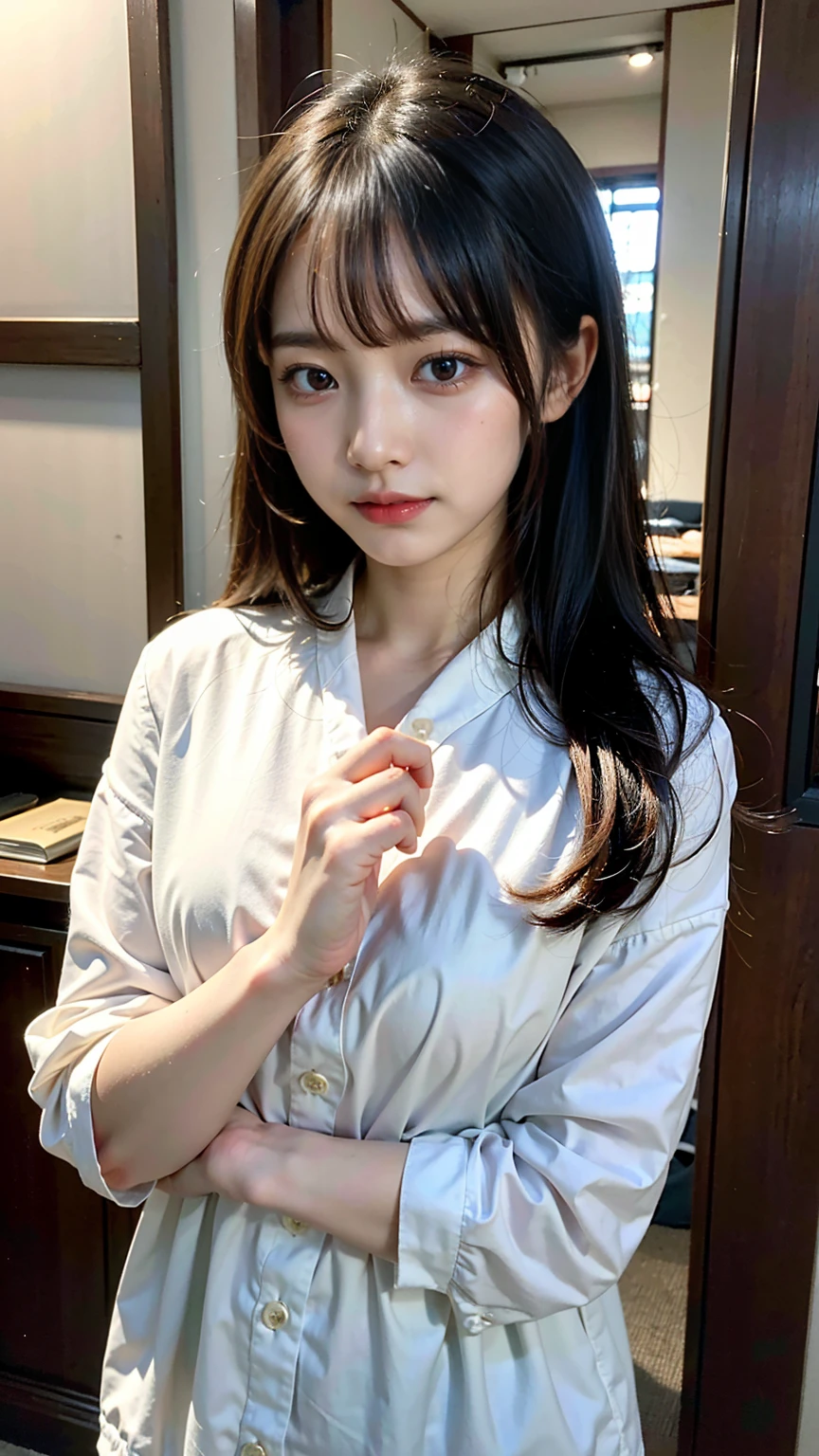 (8k、RAW写真、最高品質、傑作:1.2)、(現実的、現実的)、1 、((完全に裸:1.2、細い脚、全身、正面からの眺め、笑顔、カメラを見つめる、腰に手を当てて立つ))、かわいい