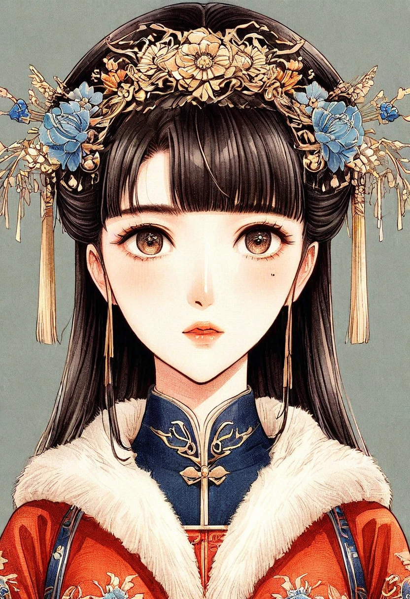 時代劇漫画風 黒髪お団子カットの中国の15歳の超絶美少女お嬢様 彼女は中華風のベッドに寝かされ両腕を広げてピンクの紐で縛られ拘束されて長袖チャイナ服を羽織り乳首を見られる 彼女は病気で苦しんでいる