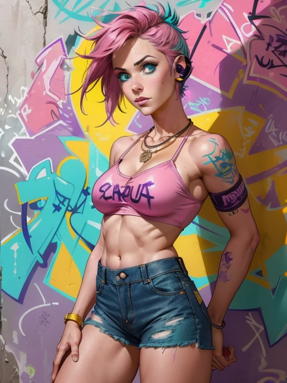 masterpiece, best quality, 1 Girl, Solitary, (Top of crop violet+púrpura :1.4) , (Denim shorts pink+yellow :1.4) , Necklace, (Graffiti:1.4 ), Paint splatter, Put your hands behind your back, Against the wall, Looking at the audience, armband, Thigh straps, Body paint, Head tilt, boring, Colorful hair, (Aqua eyes:1.4) , earphone,(face detailed :1.4), (colores brillantes cyberpunk) 