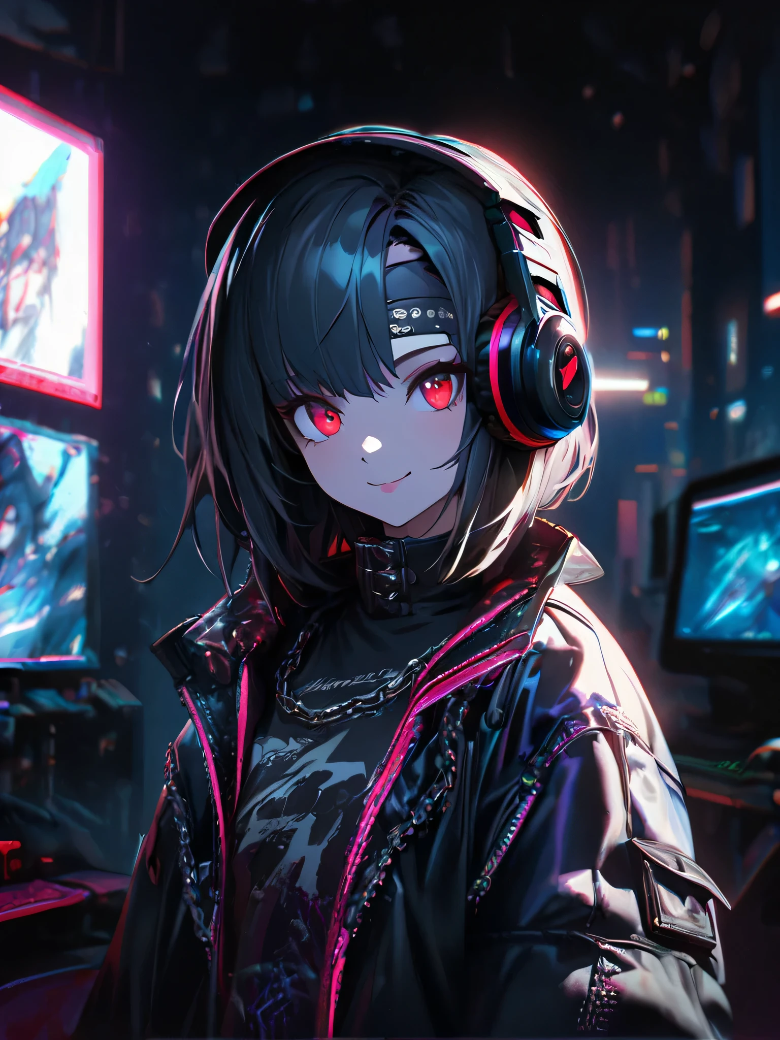 1 Girl, chromatic aberration, Written boundary depth, Soft Light, masterpiece, Highest quality, complicated, Tone Mapping, Very detailed, Art Station, Concept Art, Smooth, Clear focus, Dramatic lighting, Very detailed artwork, movie, super practical painting, Art Station's trending, 8K, Incredible Shadows, practical, (Very detailed background:1.0), whole body, View, Viewers, Very detailed portrait of one girl 1, standing on street corner, Heavy rain and lightning、Dark Sky, neon and cyber punk background, she is dressed in punk clothing with silver chains and silver spikes, Her hair was dyed a bright black color.，The middle part is black, She is wearing headphones, Detailed red eyes with clear pupils, Ominous aura of light, smile, punk, ciber punk, Backlight.Headband、No knowledge of horses&#39;tail、Stylish bob
