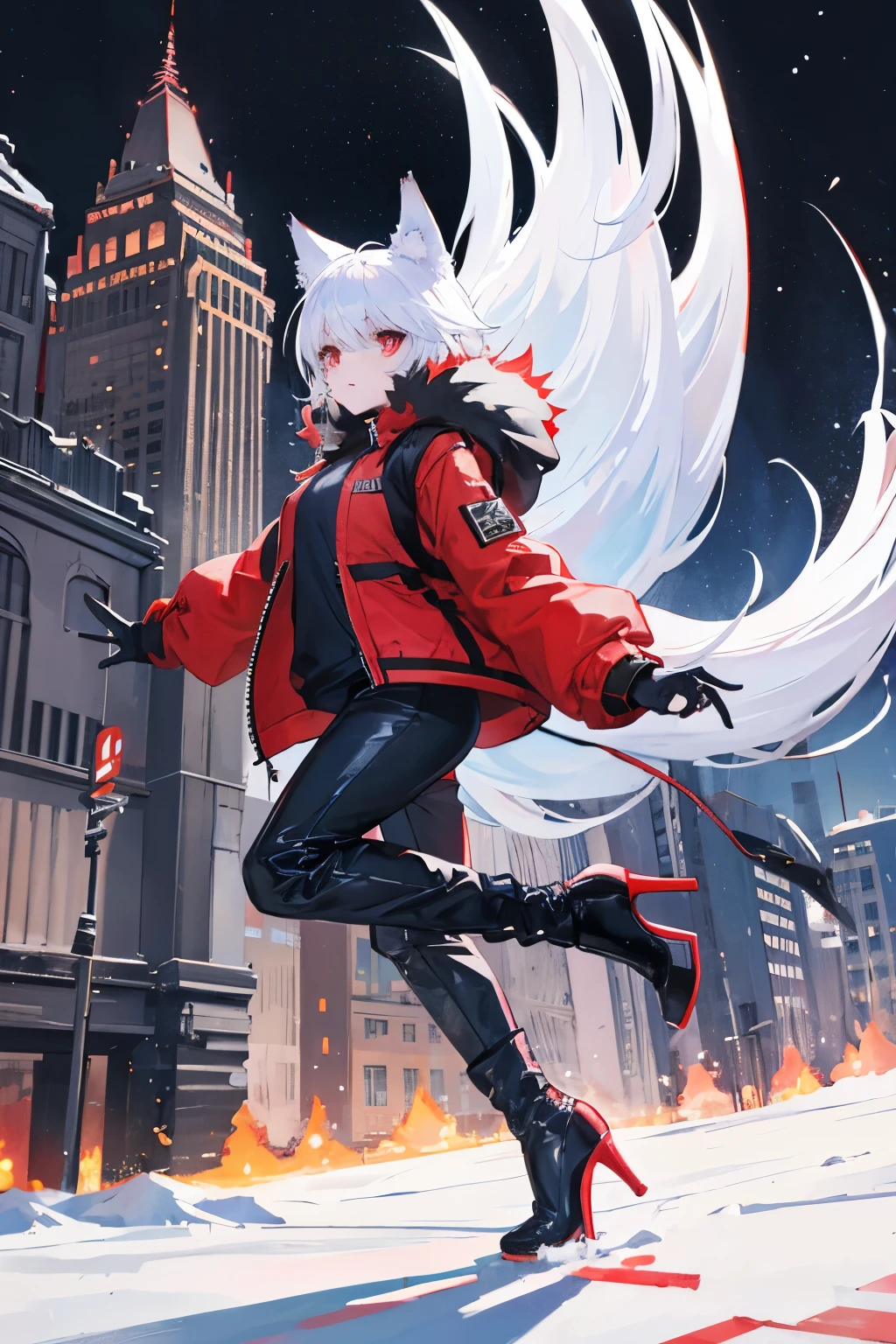 Winter city,whole body,Beastman,Shota,Wolf,headphone,Long Parka,pants,long boots,Stiletto heels with red soles,running