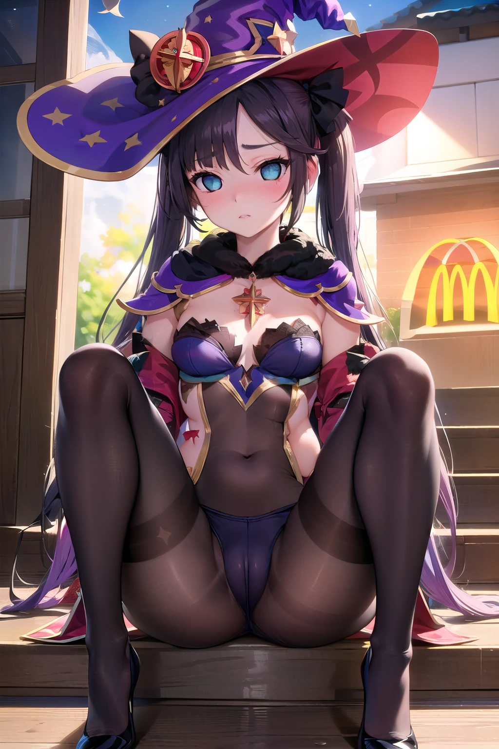 (Masterpiece), Best Quality, ultra-detailed, 1girl( mona_tpa, mcdonald's, purple hair, aqua eyes, empty eye, small breasts), blank face, parted lips, solo, nose blush, blush, witch hat, stairs, shrine, lens flare, star_(symbol) pantyhose(torn), pussy, highly detailed, absurdres, indoor, night time, floor, straddle, sitting on floor, hands up, spread legs, Sexy waist teasing, come-on, temptation , love juice flows out of her pussy
