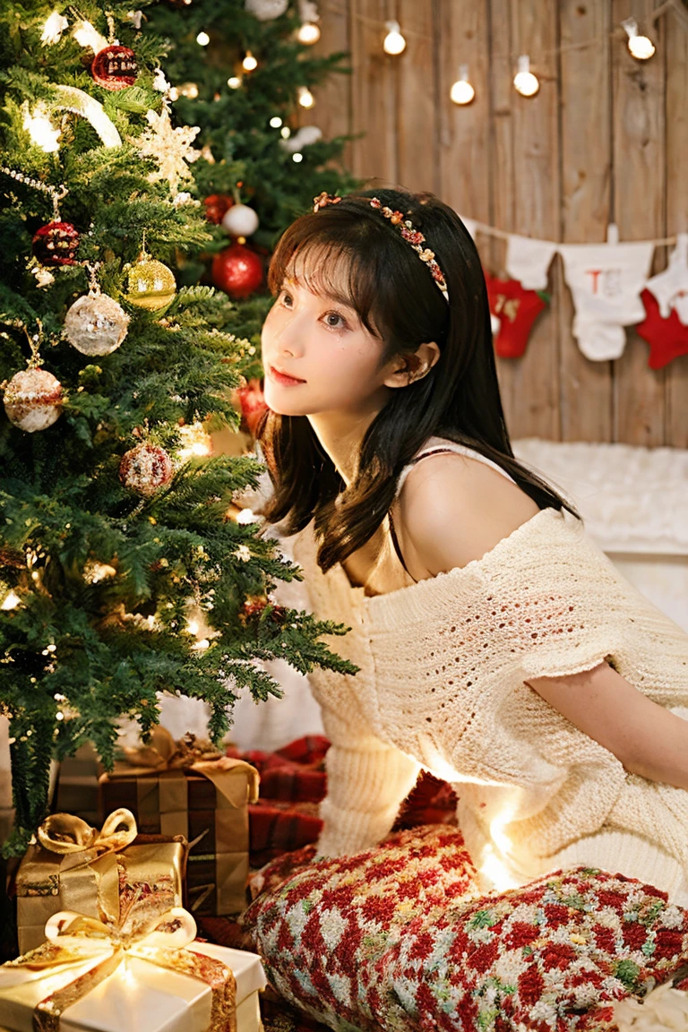 女の子,クリスマス tree,茶髪,クリスマスの飾り,贈り物,ひざまずく,長い白い髪,茶色の目,クリスマス,箱,gift 箱es,セーター,赤い靴,笑う,袖丈は手首より長い,bs肩,クリスマス lights,一方から,一方から,遠くを見る