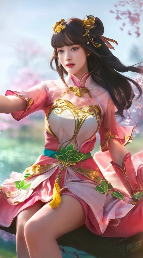 a beautiful girl in a pink dress, sitting on a tree branch, realistic, photorealistic, extremely detailed face and eyes, beautiful detailed lips, longeyelashes, intricate details, natural lighting, golden hour, lush greenery, vibrant colors, award winning photograph, 8k, high resolution
