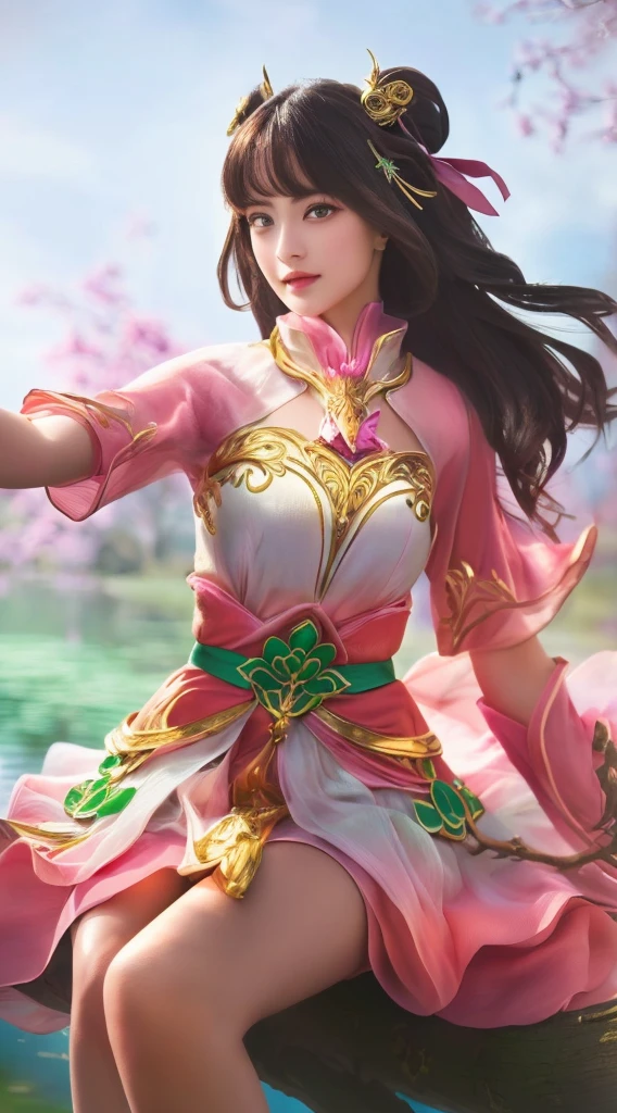 a beautiful girl in a pink dress, sitting on a tree branch, realistic, photorealistic, extremely detailed face and eyes, beautiful detailed lips, longeyelashes, intricate details, natural lighting, golden hour, lush greenery, vibrant colors, award winning photograph, 8k, high resolution