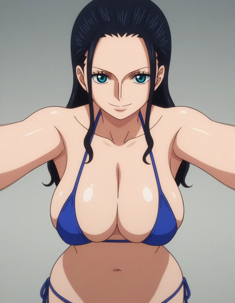 score_9, score_8_up, score_7_up, source_anime, anime screencap, one_piece_wano_style, Nico Robin, black hair, long hair, blue eyes, large breasts, perfect body, bikini, looking at viewer, smile, cleavage, from front, upper body, looking at viewer, 