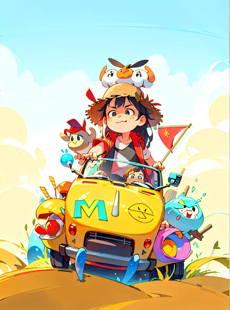 Sticker, A snail in a straw hat drives a yellow car, Snail, Lufei, the king of sea thieves., Straw hat, With a twig in his mouth, Red vest, Red and straw hats, Red flag, A cute Q version of a wild boar, Ground, The sky, of the cloud, Blue sky, Jellyfish, Equidistant, Cartoon 3d model of xxxxxxxxx, Oligomerization, 3D art, OCtane rendering, Ray traction, Clay material, Pixar trend, Animated light, A soft color, mOCkup, A clean background, A delicate luster, Soft fOCus, OC, intellectual property right, The best quality, Lovely, c4d, 3D rendering, Blender, Super detail, 8k --s 250 --v 5.1
