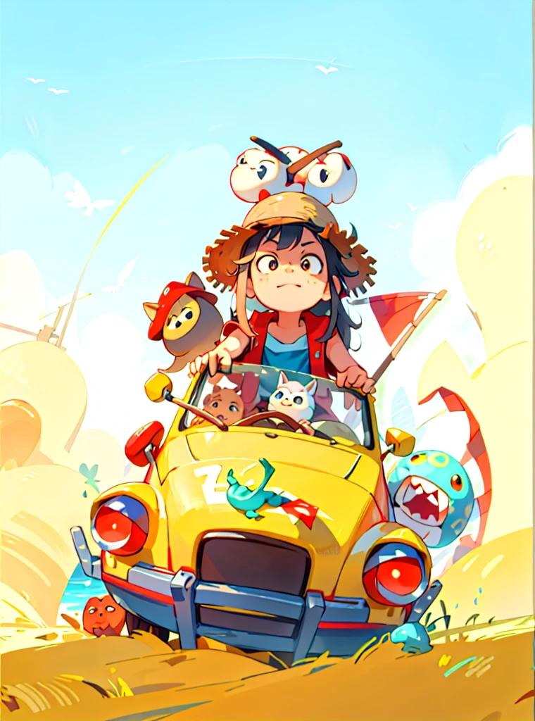 Sticker, A snail in a straw hat drives a yellow car, Snail, Lufei, the king of sea thieves., Straw hat, With a twig in his mouth, Red vest, Red and straw hats, Red flag, A cute Q version of a wild boar, Ground, The sky, of the cloud, Blue sky, Jellyfish, Equidistant, Cartoon 3d model of xxxxxxxxx, Oligomerization, 3D art, OCtane rendering, Ray traction, Clay material, Pixar trend, Animated light, A soft color, mOCkup, A clean background, A delicate luster, Soft fOCus, OC, intellectual property right, The best quality, Lovely, c4d, 3D rendering, Blender, Super detail, 8k --s 250 --v 5.1