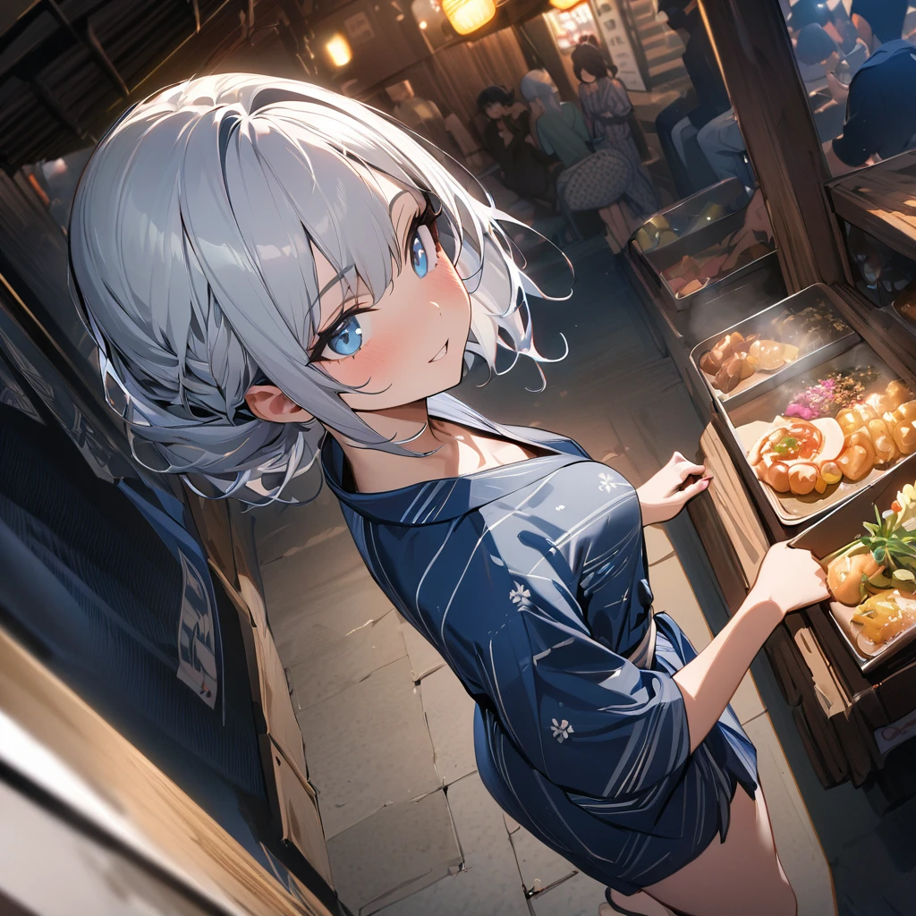 One girl、(((最high quality)), ((masterpiece)), (detailed), masterpiece, 最high quality, high quality, 超detailed, Perfect Face, ((One girl, blue eyes, Silver Bob Hair,))、Shiny Hair、Glowing Skin、yukata、Sandals、Small Breast Summer、port、stall、firework