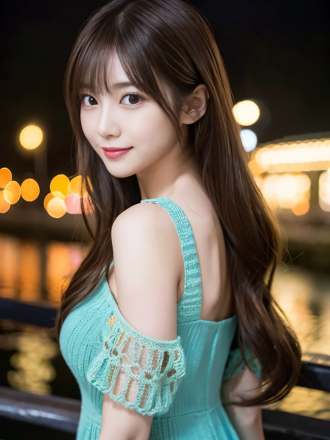Masterpiece, 1 girl, A detailed eye, Puffy eyes, top-quality, high resolution, (Realistic: 1.4), cinematic lighting, Japanese, Asian Beauty, Super beauty, Beautiful skin, A slender, (A hyper-realistic), (high resolution), (8K), (High detailed), (beautifully detailed eyes), (Ultra-detail), (wall-), A detailed face, Bright lighting, professional lighting, looking at viewer, Facing straight ahead, (The costume a colorful knitted dress), Long hair, Wave hair, hair messy, asymmetrical bangs, nighttime scene, Brown hair, Japan Idle, Korean Idol, posing Gravure Idol, age28, tall, smile, Sea Park scene, ((Random body orientation)),