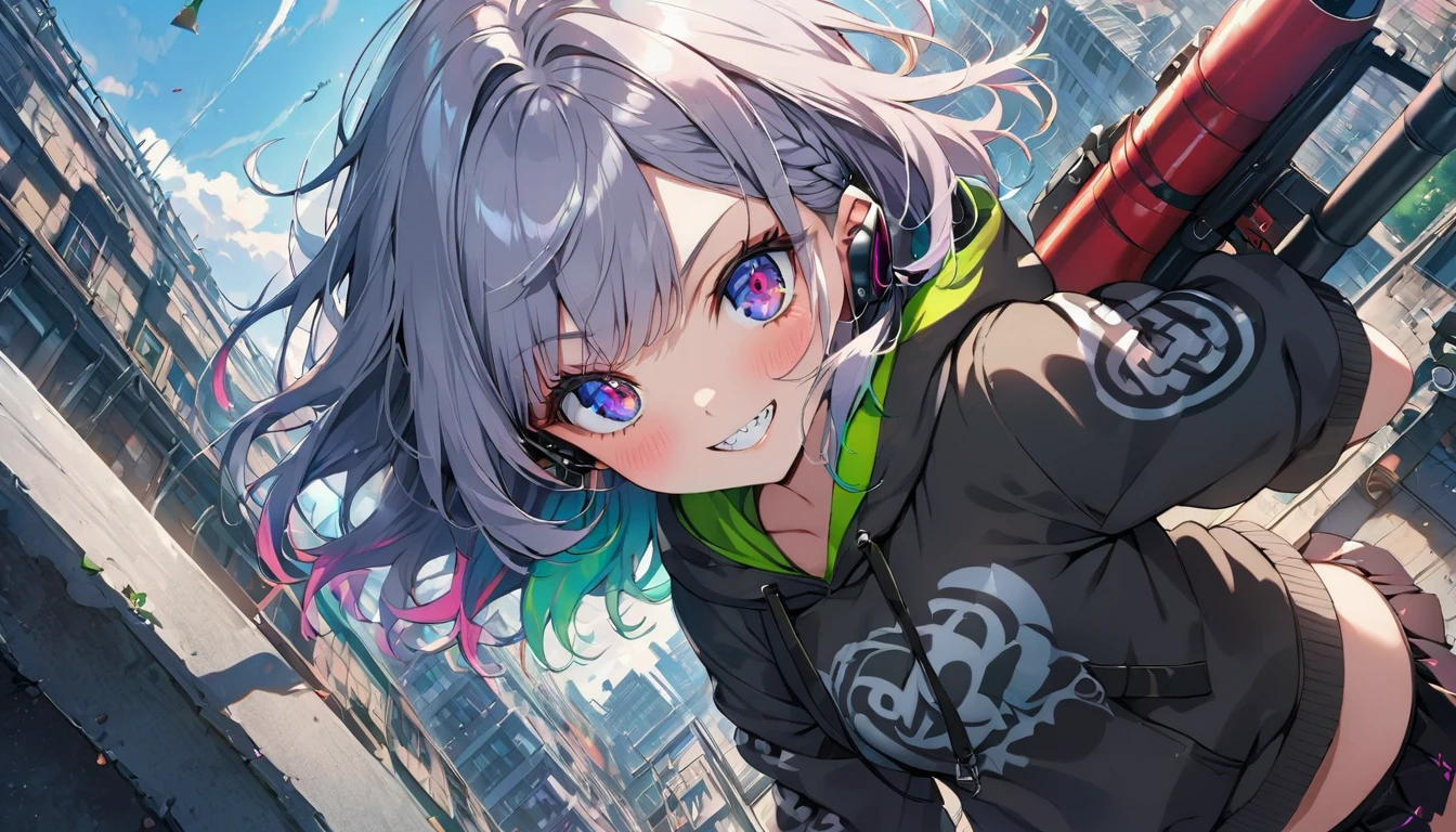 ((Masterpiece)), ((best quality)), (Anime:1.3), (super detail:1.2), (High Definition:1.3), (Professional Photography:1.3), cute young Girl, Glossy unruly hair, (loose swept bangs), (silver ash hair), medium hair, big eyes, (Eye bags:1.3), (Long eyelashes), colorful eyes, (set up a Rocket launcher:1.3), (peek into the aim:1.5), Glossy lips, (jagged teeth), (evil smile and blush), ((Camouflage hoodie with oversized)), mini skirt, (upper body:1.3), wind, barearms, cute, (colorful:1.3), gothic makeup, (wearing headphone), pretty, Celtic, maniac, (at the roof of the building), (dutch angle:1.3),