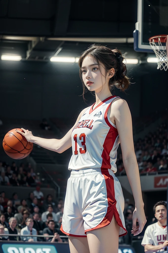 (((best quality))), (((ultra detailed))), (((masterpiece))), illustration, ((1girl,female basketball player,solo)),(slam dunk:1.3),(hands on the basket:1.3), intensity, determined expression, flushed face, perspiration, almond-shaped eyes, mesh jersey, team name and number, form-fitting shorts, athletic build, high-top basketball shoes, indoor basketball gym, well-lit, wooden floor, scoreboard, spectators, stands, action, impact, ball through the hoop, victory, achievement, dedication, skill,(basketball:1.3)