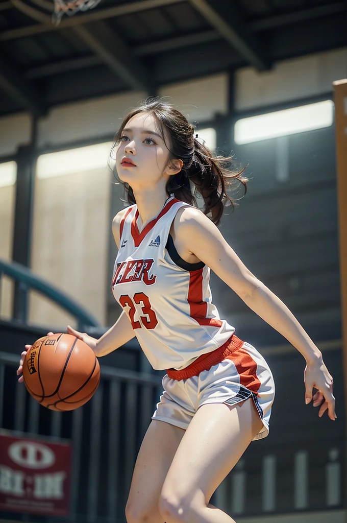 (((best quality))), (((ultra detailed))), (((masterpiece))), illustration, ((1girl,female basketball player,solo)),(slam dunk:1.3),(hands on the basket:1.3), intensity, determined expression, flushed face, perspiration, almond-shaped eyes, mesh jersey, team name and number, form-fitting shorts, athletic build, high-top basketball shoes, indoor basketball gym, well-lit, wooden floor, scoreboard, spectators, stands, action, impact, ball through the hoop, victory, achievement, dedication, skill,(basketball:1.3)