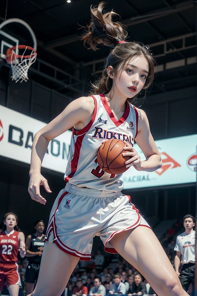 (((best quality))), (((ultra detailed))), (((masterpiece))), illustration, ((1girl,female basketball player,solo)),(slam dunk:1.3),(hands on the basket:1.3), intensity, determined expression, flushed face, perspiration, almond-shaped eyes, mesh jersey, team name and number, form-fitting shorts, athletic build, high-top basketball shoes, indoor basketball gym, well-lit, wooden floor, scoreboard, spectators, stands, action, impact, ball through the hoop, victory, achievement, dedication, skill,(basketball:1.3)
