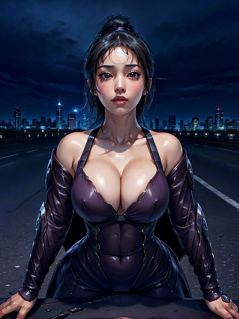Very short hair, (masterpiece、Highest quality、Official Art, 8K), (Tilt your chin up, See the front-facing camera, Looking at the audience:1.5), Woman in her 20s, Black Bondage, Glowing Skin, Realistic:1.9, Very detailed, Full Body Shot:1.2, High resolution, full color photos, High detail, Extremely realistic detail, Ultimate realistic texture, Ultimate in exquisite detail, Professional photos, Sexy portrait of a woman, Voluptuous bust, Big Breasts, Big Tits, Tight waist, Cleavage, Trained abdominal muscles, Big Ass,Complete the whole body, Full body image, No underwear, Highest quality, ((background:On the streets of the city:1.4)), Suzune, Suzune's clothes