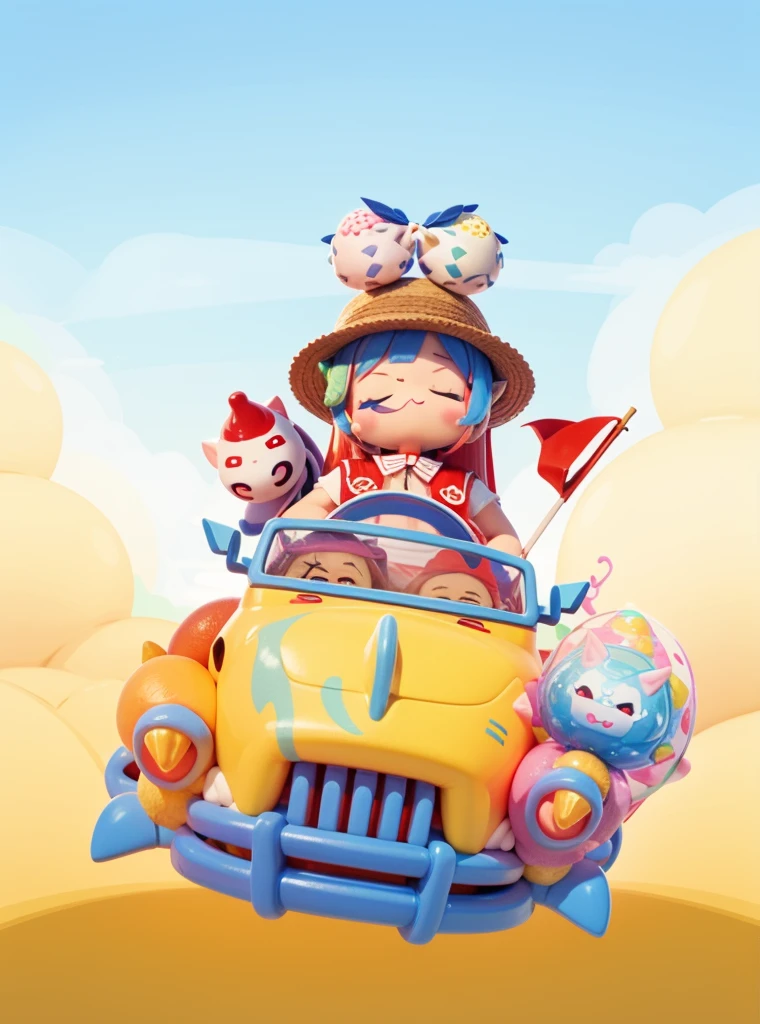 Begin-style cute ice cream fantasy, Light blue background, Extremely detailed, Detailed drawings, contour, 8K,Detailed background, Professional design,sticker, A snail in a straw hat drives a yellow car, Snail, Lufei, the king of sea thieves., Straw hat, With a twig in his mouth, Red vest, Red and straw hats, Red flag, A cute Q version of a wild boar, Ground, The sky, of the cloud, Blue sky, Jellyfish, Equidistant, Cartoon 3d model of xxxxxxxxx, Oligomerization, 3d art, octane rendering, Ray traction, Clay material, Pixar Trend, Animated light, A soft color, mockup, A clean background, A delicate luster, Soft focus, oc, intellectual property right, The best quality, Lovely, C4D, 3D rendering, blender, Super detail, 8k --s 250 --v 5.1