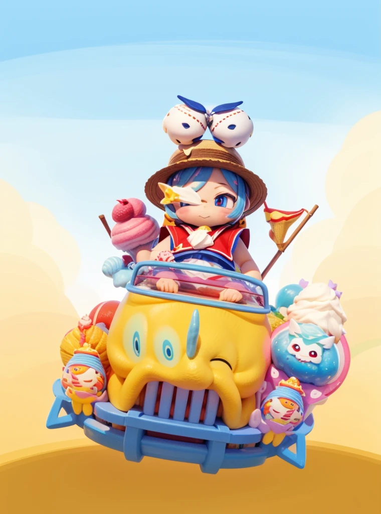 Begin-style cute ice cream fantasy, Light blue background, Extremely detailed, Detailed drawings, contour, 8K,Detailed background, Professional design,sticker, A snail in a straw hat drives a yellow car, Snail, Lufei, the king of sea thieves., Straw hat, With a twig in his mouth, Red vest, Red and straw hats, Red flag, A cute Q version of a wild boar, Ground, The sky, of the cloud, Blue sky, Jellyfish, Equidistant, Cartoon 3d model of xxxxxxxxx, Oligomerization, 3d art, octane rendering, Ray traction, Clay material, Pixar Trend, Animated light, A soft color, mockup, A clean background, A delicate luster, Soft focus, oc, intellectual property right, The best quality, Lovely, C4D, 3D rendering, blender, Super detail, 8k --s 250 --v 5.1