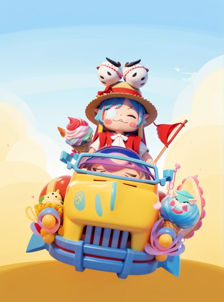 Begin-style cute ice cream fantasy, Light blue background, Extremely detailed, Detailed drawings, contour, 8K,Detailed background， Professional design,sticker, A snail in a straw hat drives a yellow car, Snail, Lufei, the king of sea thieves., Straw hat, With a twig in his mouth, Red vest, Red and straw hats, Red flag, A cute Q version of a wild boar, Ground, The sky, of the cloud, Blue sky, Jellyfish, Equidistant, Cartoon 3d model of xxxxxxxxx, Oligomerization, 3d art, octane rendering, Ray traction, Clay material, Pixar Trend, Animated light, A soft color, mockup, A clean background, A delicate luster, Soft focus, oc, intellectual property right, The best quality, Lovely, C4D, 3D rendering, blender, Super detail, 8k --s 250 --v 5.1