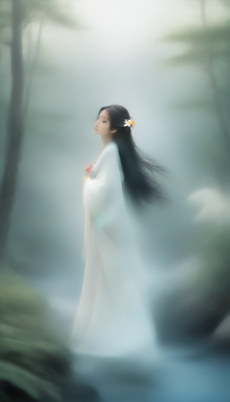 Generate highly detailed and captivating images of Yamahime, the mountain spirit from Japanese folklore. Yamahime is depicted as a beautiful woman, dressed in traditional Japanese clothing, with her long flowing hair adorned with flowers and leaves. Set the scene in a lush mystical mountain landscape with towering trees, blooming flowers, and quietly flowing streams. The atmosphere is serene and magical, with soft sunlight filtering through the trees and a thin layer of mist adding to the dreamy atmosphere. Yamahime's expression is gentle and friendly, embodying the spirit of nature and the mountains. The overall atmosphere is peaceful and otherworldly, capturing the enchanting essence of Yamahime.