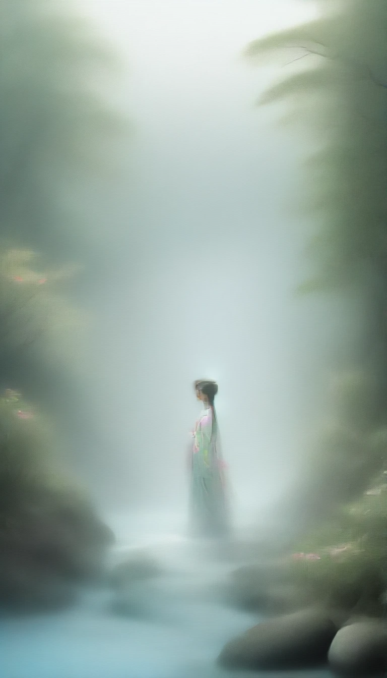 Generate highly detailed and captivating images of Yamahime, the mountain spirit from Japanese folklore. Yamahime is depicted as a beautiful woman, dressed in traditional Japanese clothing, with her long flowing hair adorned with flowers and leaves. Set the scene in a lush mystical mountain landscape with towering trees, blooming flowers, and quietly flowing streams. The atmosphere is serene and magical, with soft sunlight filtering through the trees and a thin layer of mist adding to the dreamy atmosphere. Yamahime's expression is gentle and friendly, embodying the spirit of nature and the mountains. The overall atmosphere is peaceful and otherworldly, capturing the enchanting essence of Yamahime.