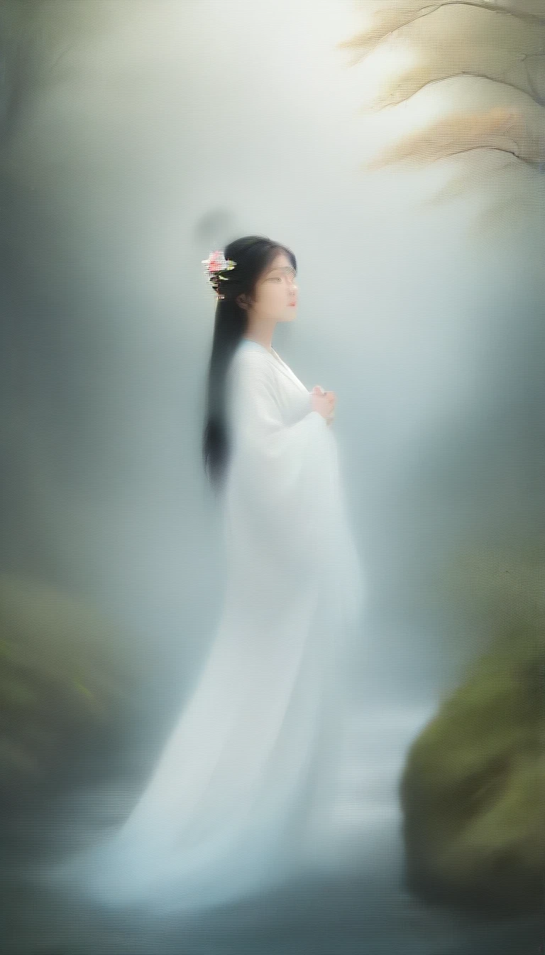 Generate highly detailed and captivating images of Yamahime, the mountain spirit from Japanese folklore. Yamahime is depicted as a beautiful woman, dressed in traditional Japanese clothing, with her long flowing hair adorned with flowers and leaves. Set the scene in a lush mystical mountain landscape with towering trees, blooming flowers, and quietly flowing streams. The atmosphere is serene and magical, with soft sunlight filtering through the trees and a thin layer of mist adding to the dreamy atmosphere. Yamahime's expression is gentle and friendly, embodying the spirit of nature and the mountains. The overall atmosphere is peaceful and otherworldly, capturing the enchanting essence of Yamahime.
