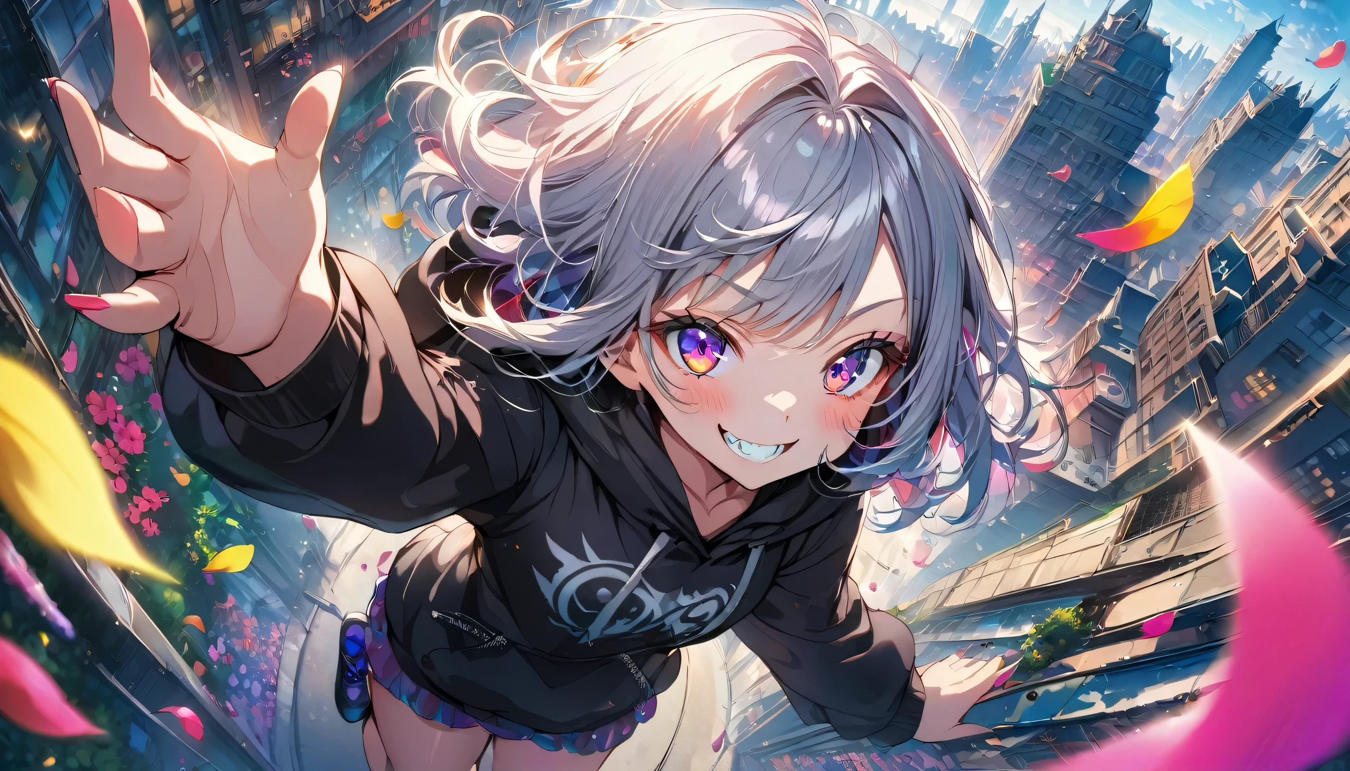 ((Masterpiece)), ((best quality)), (Anime:1.3), (super detail:1.2), (High Definition:1.3), (Professional Photography:1.3),cute young Girl, Glossy unruly hair, (loose swept bangs), (silver ash hair), medium hair, big eyes, (Eye bags:1.3), (Long eyelashes), colorful eyes, (evil smile and blush), Glossy lips, (jagged teeth), ((black hoodie with oversized)), barearms, cute, (Pocket in hands), (colorful:1.3), gothic makeup, (jumping:1.3), (at City), colorful petals dance around her, early morning, wearing headphones, (dutch angle:1.3), (from above),