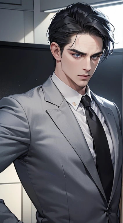 (best quality, masterpiece, 8K, photorealistic, cinematic lighting, hdr image, ultra detailed, beautiful image), 1 man, 31 years old, mature man, very handsome, (without expression, serious), short black hair, blue grey eyes ( penetrating gaze), perfect face without errors, imposing posture, without errors, businessman, office background