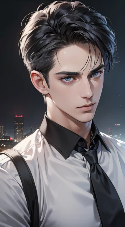 (best quality, masterpiece, 8K, photorealistic, cinematic lighting, hdr image, ultra detailed, beautiful image), 1 man, 31 years old, mature man, very handsome, (without expression, serious), short black hair, blue grey eyes ( penetrating gaze), perfect face without errors, imposing posture, without errors, businessman, office background